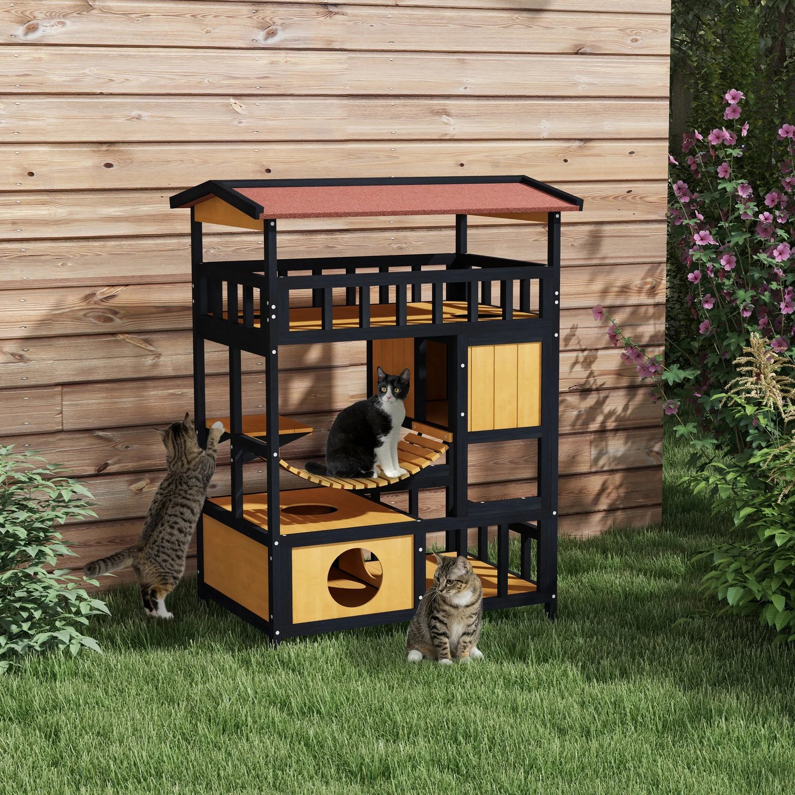 Abri pour chat PawHut en bois 84x60x116 cm avec pont suspendu naturel