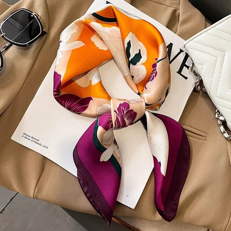 Foulard carré en soie pour cheveux, châles Pashmina, enveloppes de cou, Bandana Floral, bandeaux floraux, Bufandas, nouvelle collection 2024