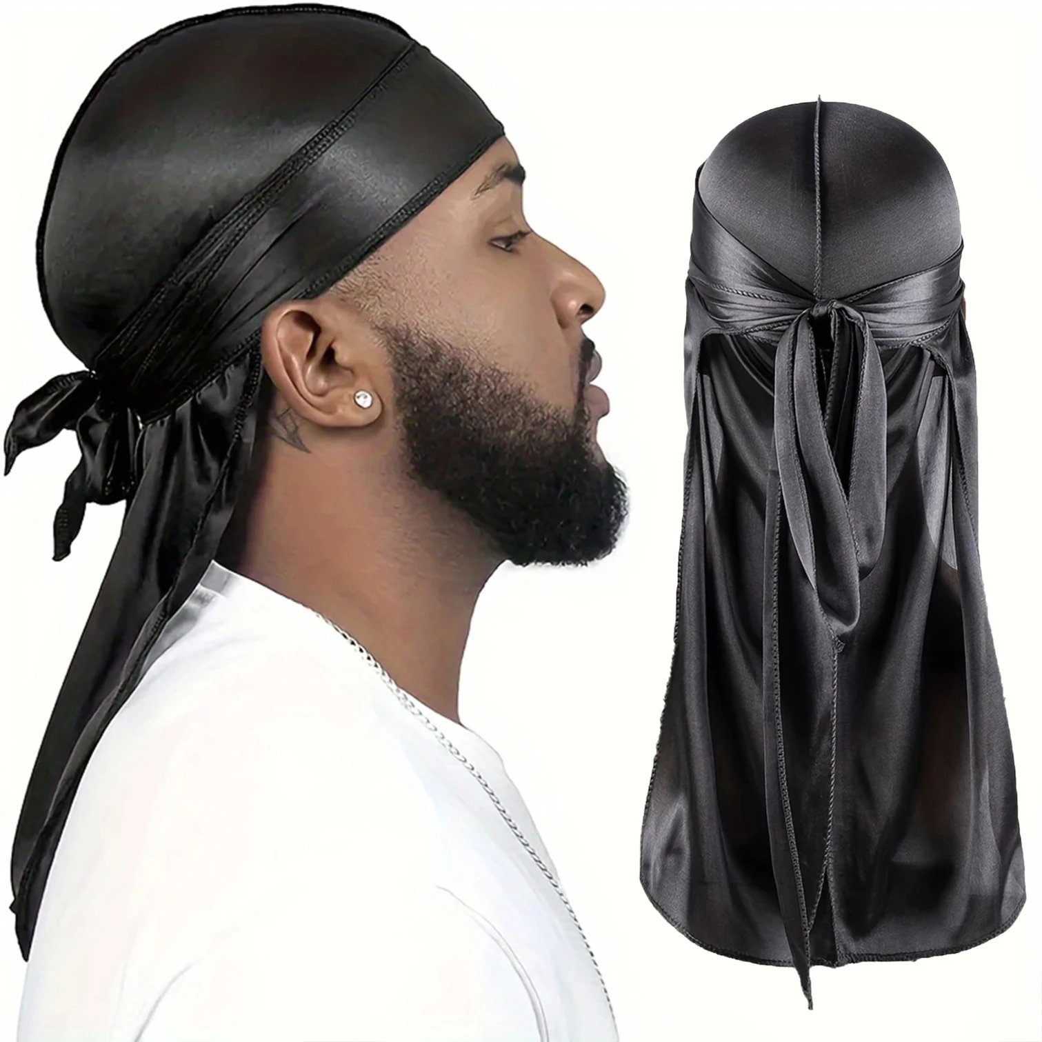 Bonnet Durag en soie homme – Bandana Doo Rag à longue queue ondulée